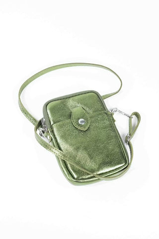 Metallic leather cross body phone bag, khaki