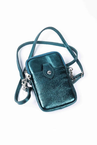 Metallic leather cross body phone bag, emerald