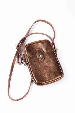 Metallic leather phone cross body bag, bronze