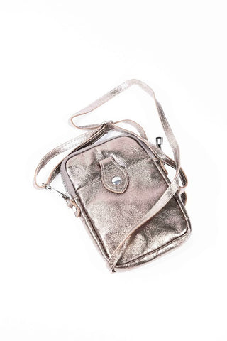 Metallic leather phone crossbody bag pewter