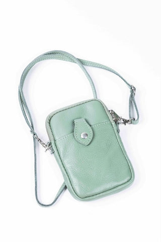 Leather phone crossbody bag, sage (not metallic)